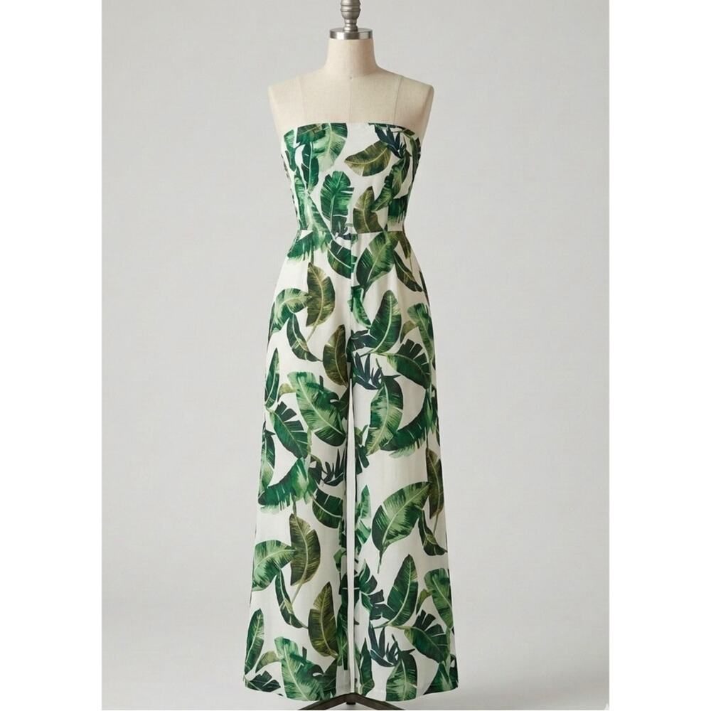 HERS & M Tropical Smocked Jumpsuit Size M - Palm Leaf Wide Leg Romper
